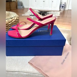 Stuart Weitzman Aleena 75 Slides; size 8.5 / 39; Patent Leather Hot Pink
